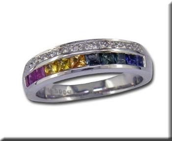 photo number one of 14K White Gold Rainbow Sapphire/Diamond Ring item R20DMGRSWI