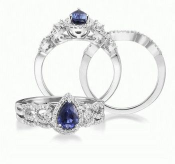 photo number one of Flutter - 14K White Gold 7x5 Pear Blue Sapphire/Diamond Wedding Ring item RBC034S13WI